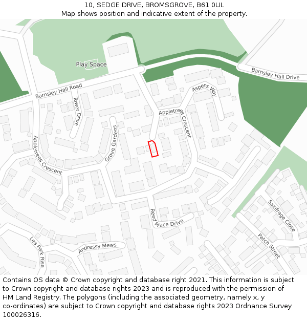 10, SEDGE DRIVE, BROMSGROVE, B61 0UL: Location map and indicative extent of plot