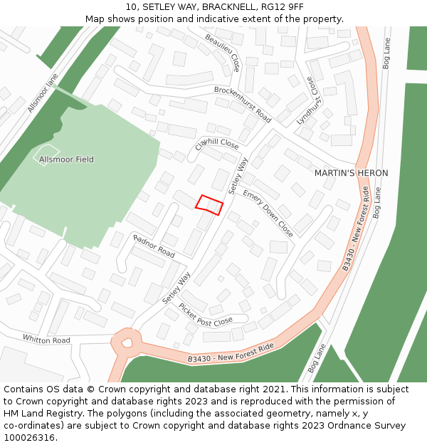 10, SETLEY WAY, BRACKNELL, RG12 9FF: Location map and indicative extent of plot
