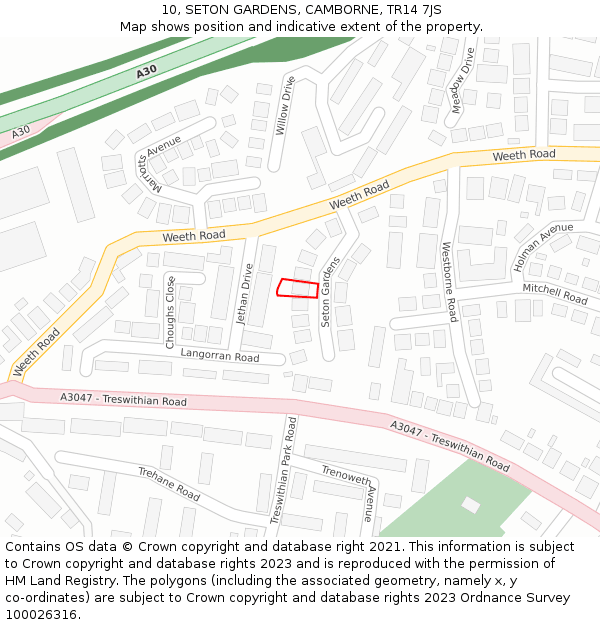 10, SETON GARDENS, CAMBORNE, TR14 7JS: Location map and indicative extent of plot