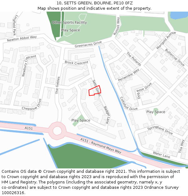 10, SETTS GREEN, BOURNE, PE10 0FZ: Location map and indicative extent of plot