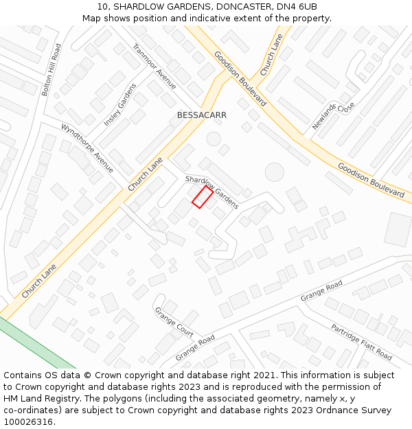 10, SHARDLOW GARDENS, DONCASTER, DN4 6UB: Location map and indicative extent of plot