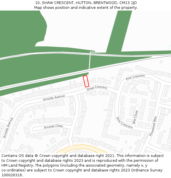 10, SHAW CRESCENT, HUTTON, BRENTWOOD, CM13 1JD: Location map and indicative extent of plot