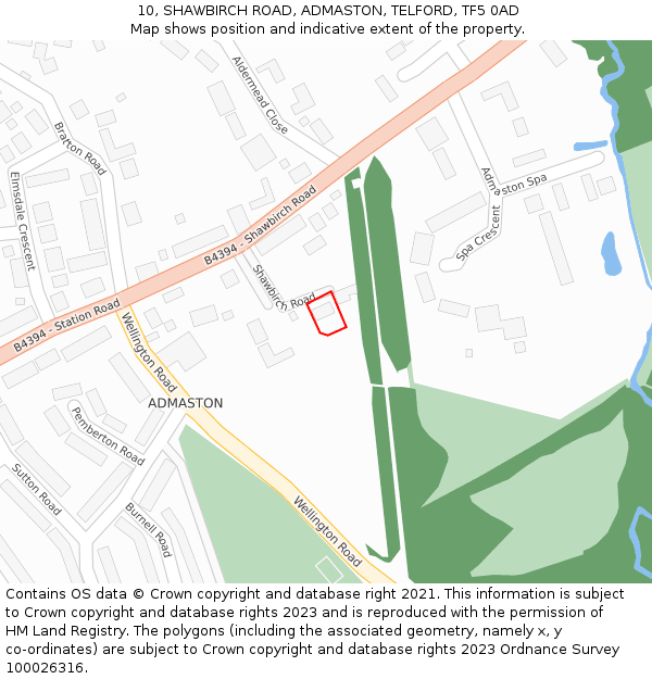 10, SHAWBIRCH ROAD, ADMASTON, TELFORD, TF5 0AD: Location map and indicative extent of plot