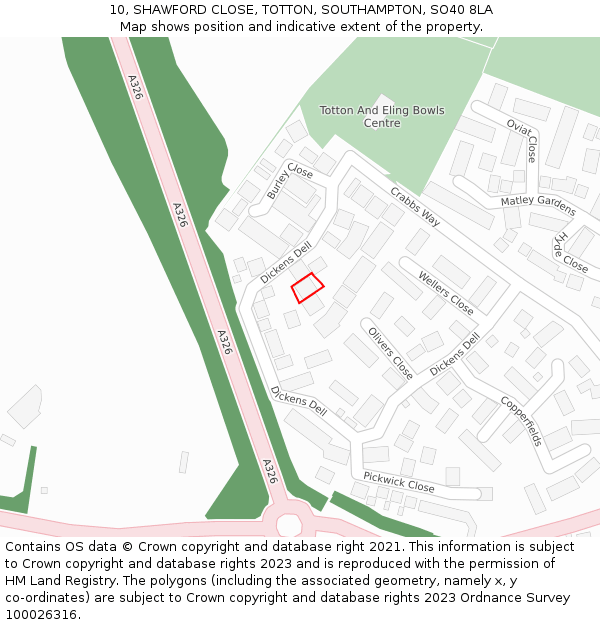 10, SHAWFORD CLOSE, TOTTON, SOUTHAMPTON, SO40 8LA: Location map and indicative extent of plot