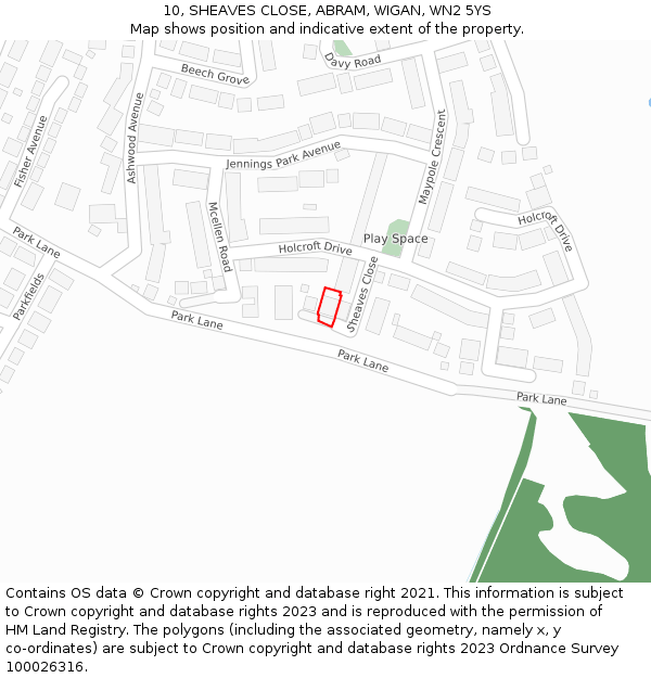 10, SHEAVES CLOSE, ABRAM, WIGAN, WN2 5YS: Location map and indicative extent of plot