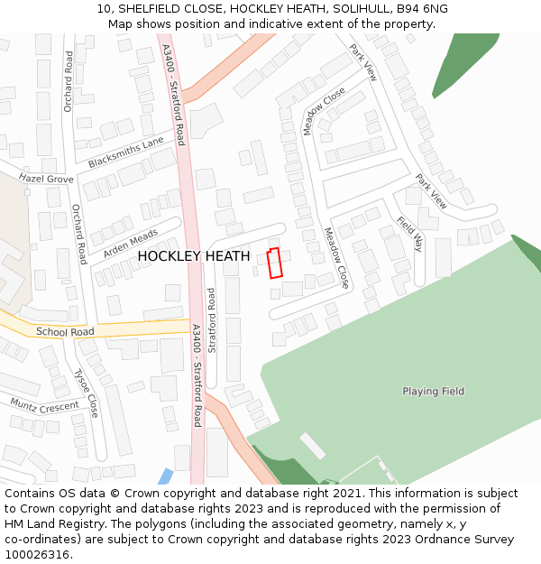 10, SHELFIELD CLOSE, HOCKLEY HEATH, SOLIHULL, B94 6NG: Location map and indicative extent of plot