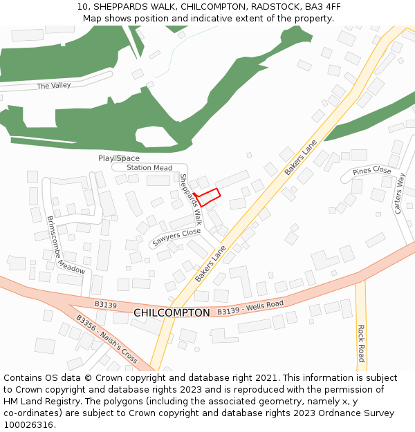 10, SHEPPARDS WALK, CHILCOMPTON, RADSTOCK, BA3 4FF: Location map and indicative extent of plot