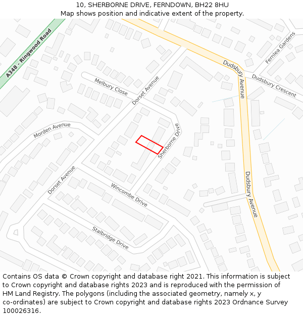 10, SHERBORNE DRIVE, FERNDOWN, BH22 8HU: Location map and indicative extent of plot