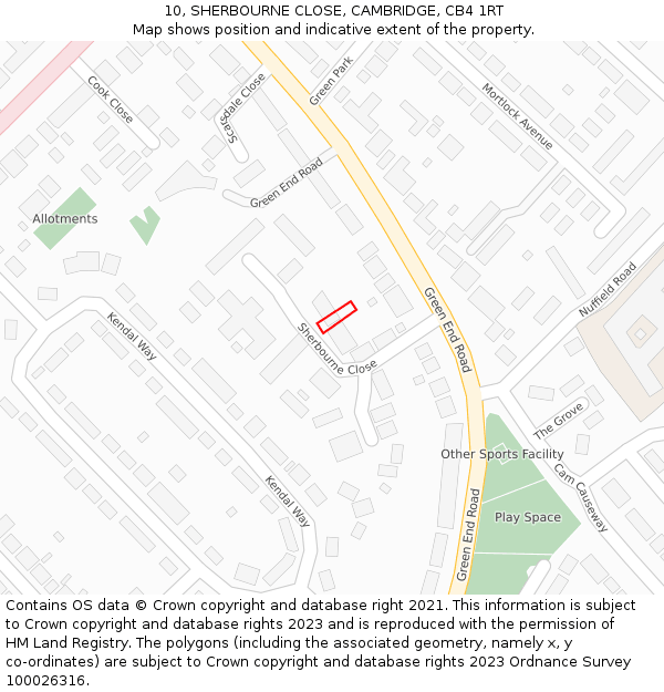 10, SHERBOURNE CLOSE, CAMBRIDGE, CB4 1RT: Location map and indicative extent of plot