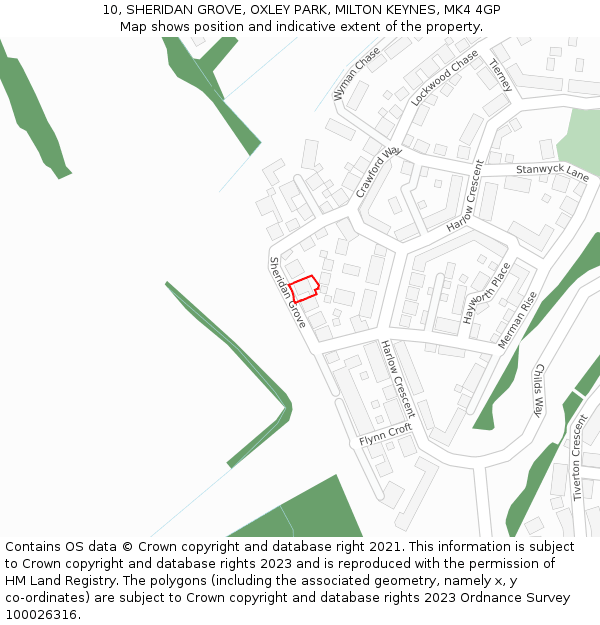 10, SHERIDAN GROVE, OXLEY PARK, MILTON KEYNES, MK4 4GP: Location map and indicative extent of plot