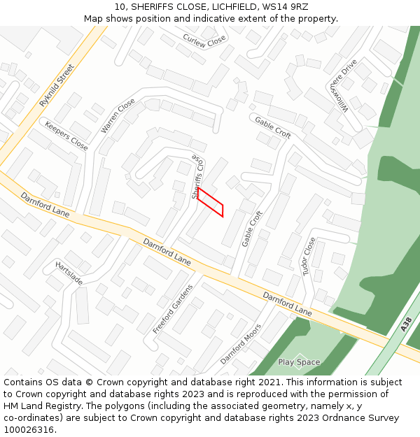 10, SHERIFFS CLOSE, LICHFIELD, WS14 9RZ: Location map and indicative extent of plot