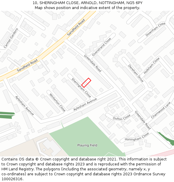 10, SHERINGHAM CLOSE, ARNOLD, NOTTINGHAM, NG5 6PY: Location map and indicative extent of plot