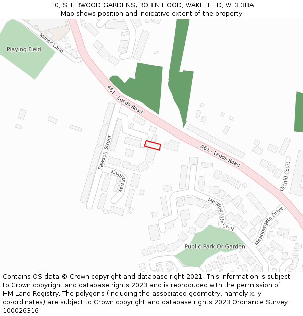 10, SHERWOOD GARDENS, ROBIN HOOD, WAKEFIELD, WF3 3BA: Location map and indicative extent of plot