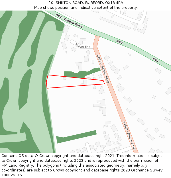 10, SHILTON ROAD, BURFORD, OX18 4PA: Location map and indicative extent of plot