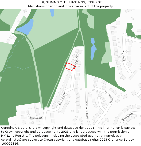 10, SHINING CLIFF, HASTINGS, TN34 2GT: Location map and indicative extent of plot