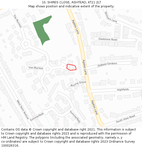 10, SHIRES CLOSE, ASHTEAD, KT21 2LT: Location map and indicative extent of plot