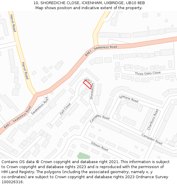 10, SHOREDICHE CLOSE, ICKENHAM, UXBRIDGE, UB10 8EB: Location map and indicative extent of plot