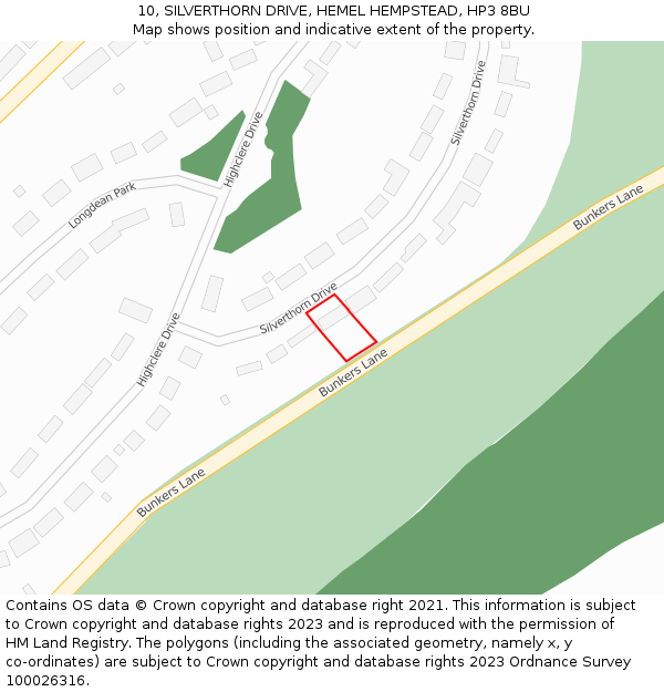 10, SILVERTHORN DRIVE, HEMEL HEMPSTEAD, HP3 8BU: Location map and indicative extent of plot