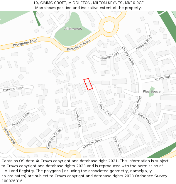 10, SIMMS CROFT, MIDDLETON, MILTON KEYNES, MK10 9GF: Location map and indicative extent of plot