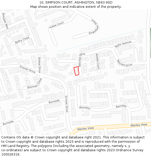 10, SIMPSON COURT, ASHINGTON, NE63 9SD: Location map and indicative extent of plot