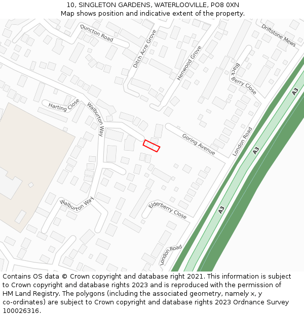 10, SINGLETON GARDENS, WATERLOOVILLE, PO8 0XN: Location map and indicative extent of plot