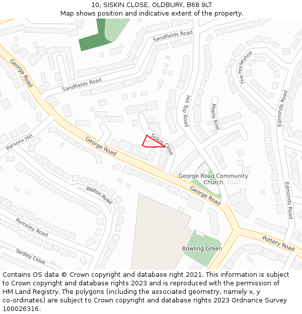 10, SISKIN CLOSE, OLDBURY, B68 9LT: Location map and indicative extent of plot