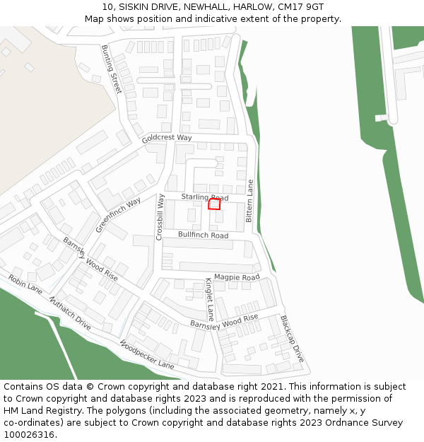 10, SISKIN DRIVE, NEWHALL, HARLOW, CM17 9GT: Location map and indicative extent of plot