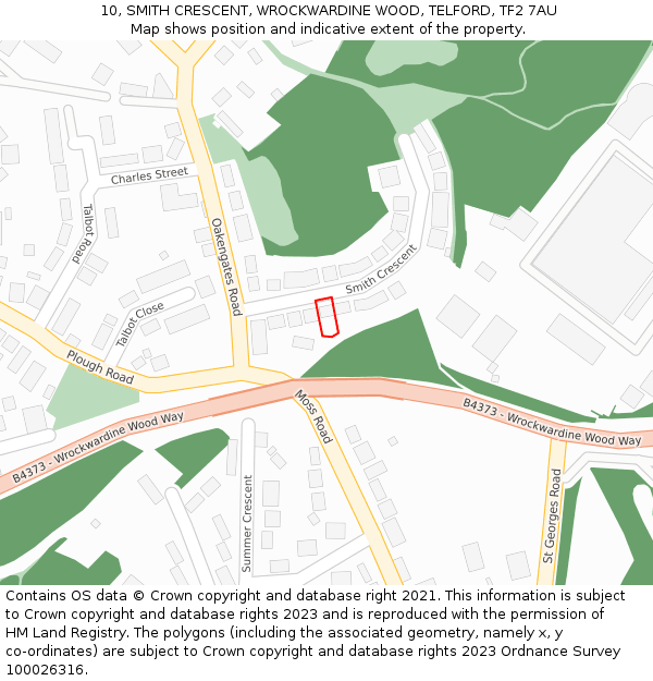 10, SMITH CRESCENT, WROCKWARDINE WOOD, TELFORD, TF2 7AU: Location map and indicative extent of plot