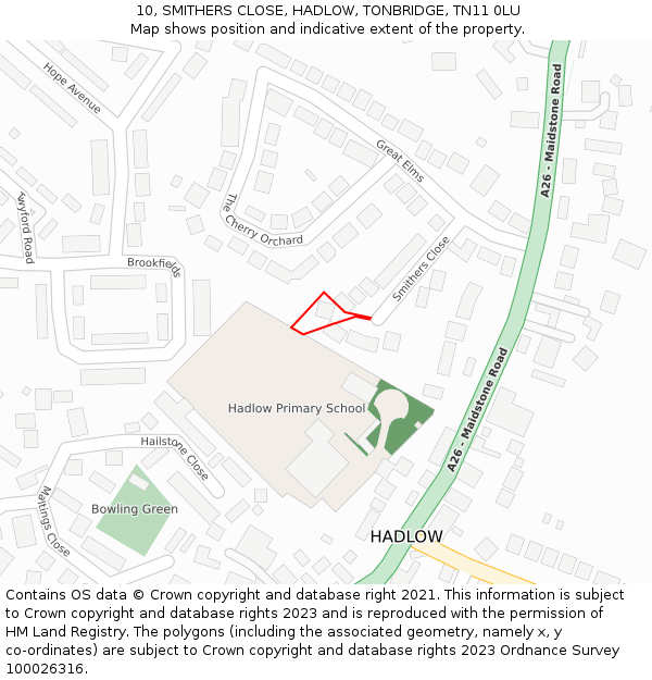 10, SMITHERS CLOSE, HADLOW, TONBRIDGE, TN11 0LU: Location map and indicative extent of plot