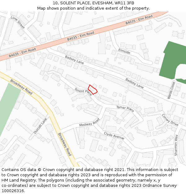 10, SOLENT PLACE, EVESHAM, WR11 3FB: Location map and indicative extent of plot