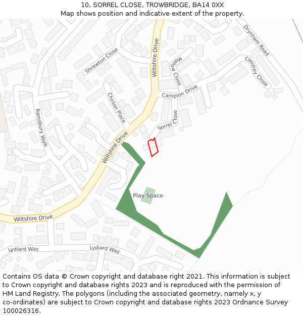 10, SORREL CLOSE, TROWBRIDGE, BA14 0XX: Location map and indicative extent of plot
