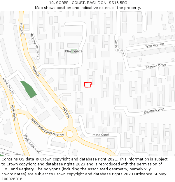 10, SORREL COURT, BASILDON, SS15 5FG: Location map and indicative extent of plot