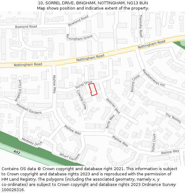 10, SORREL DRIVE, BINGHAM, NOTTINGHAM, NG13 8UN: Location map and indicative extent of plot