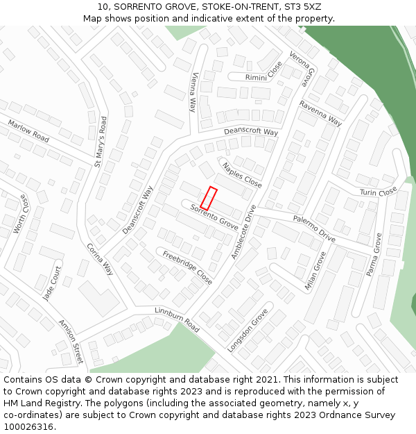 10, SORRENTO GROVE, STOKE-ON-TRENT, ST3 5XZ: Location map and indicative extent of plot