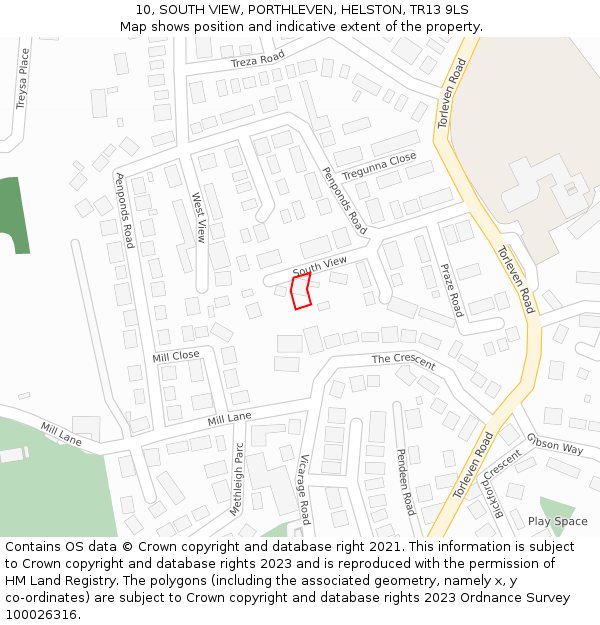 10, SOUTH VIEW, PORTHLEVEN, HELSTON, TR13 9LS: Location map and indicative extent of plot