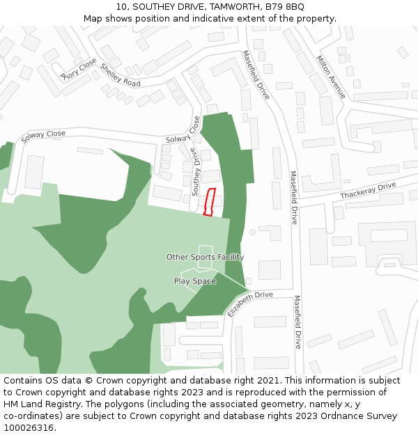 10, SOUTHEY DRIVE, TAMWORTH, B79 8BQ: Location map and indicative extent of plot