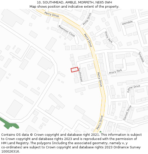 10, SOUTHMEAD, AMBLE, MORPETH, NE65 0WH: Location map and indicative extent of plot