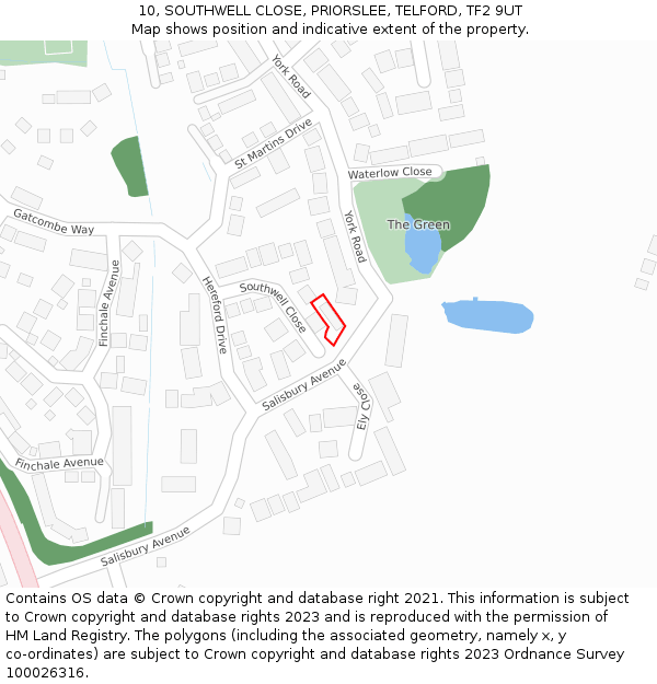 10, SOUTHWELL CLOSE, PRIORSLEE, TELFORD, TF2 9UT: Location map and indicative extent of plot