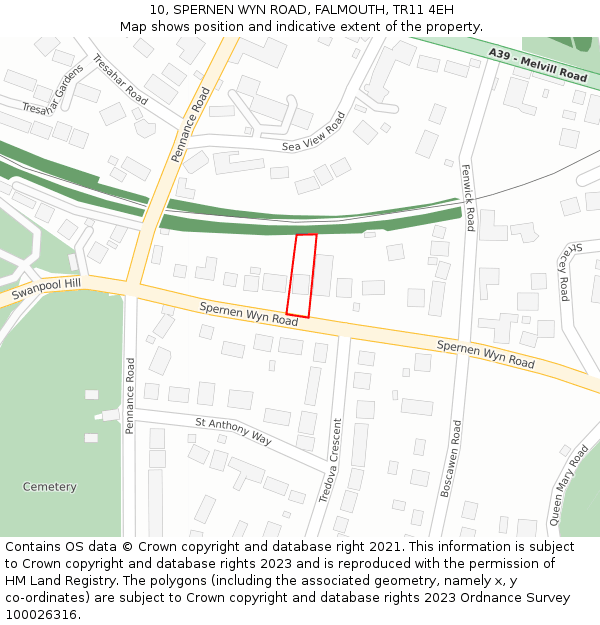 10, SPERNEN WYN ROAD, FALMOUTH, TR11 4EH: Location map and indicative extent of plot