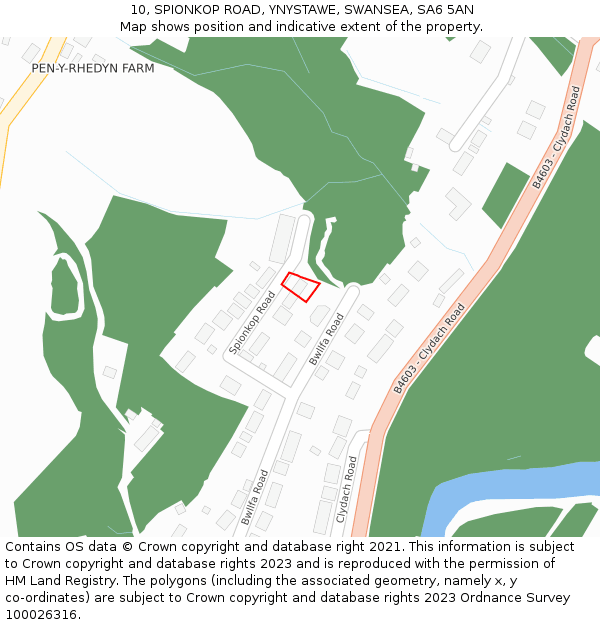 10, SPIONKOP ROAD, YNYSTAWE, SWANSEA, SA6 5AN: Location map and indicative extent of plot