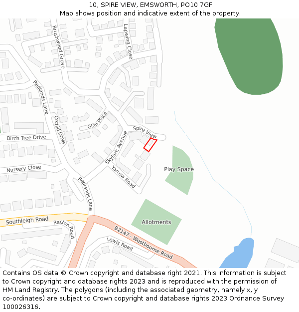 10, SPIRE VIEW, EMSWORTH, PO10 7GF: Location map and indicative extent of plot