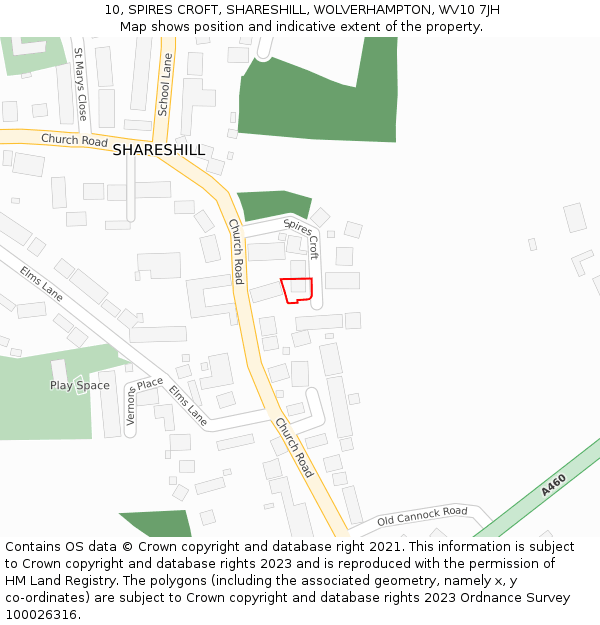 10, SPIRES CROFT, SHARESHILL, WOLVERHAMPTON, WV10 7JH: Location map and indicative extent of plot