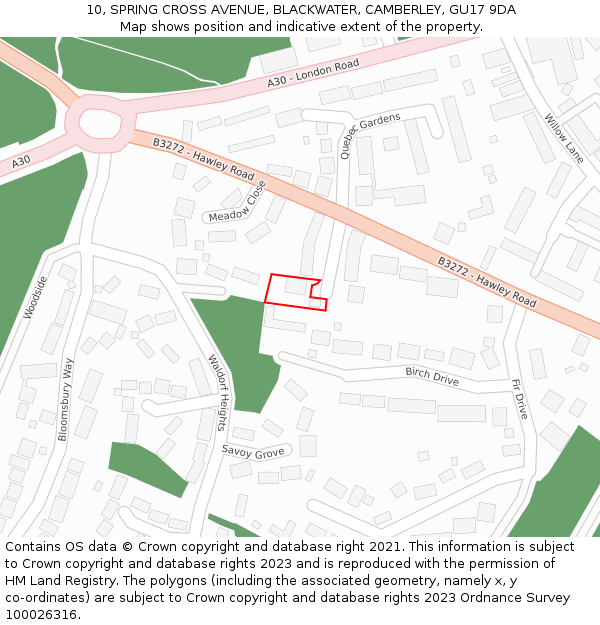 10, SPRING CROSS AVENUE, BLACKWATER, CAMBERLEY, GU17 9DA: Location map and indicative extent of plot