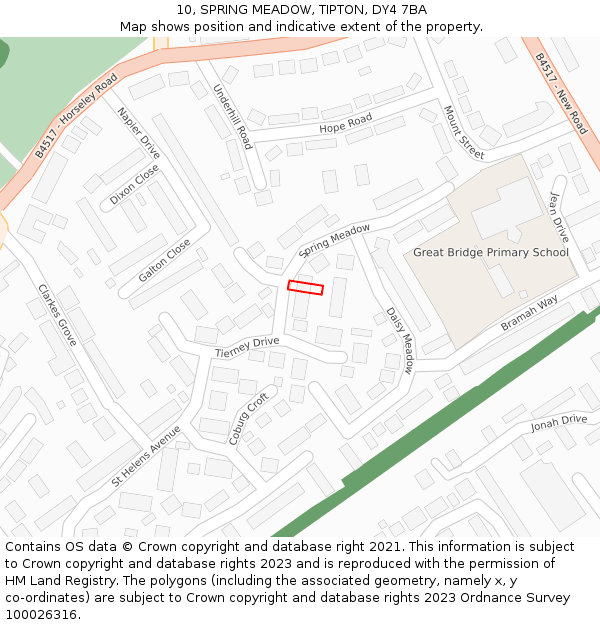 10, SPRING MEADOW, TIPTON, DY4 7BA: Location map and indicative extent of plot