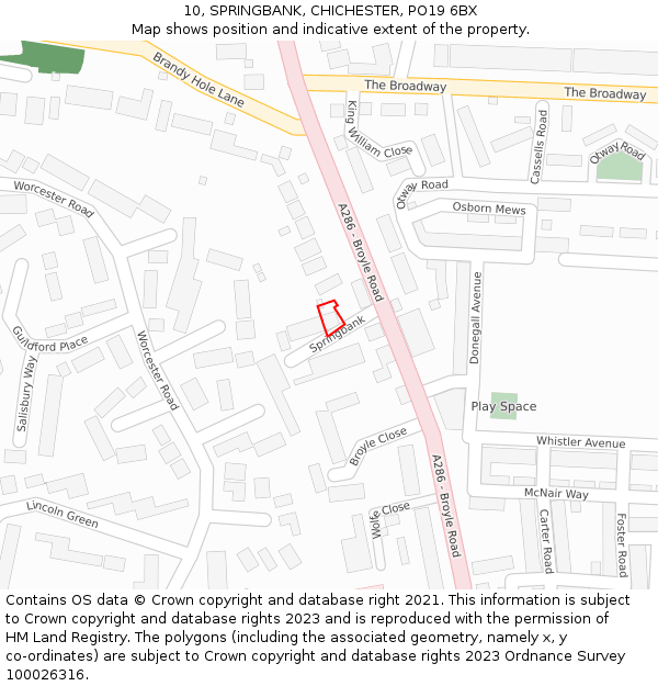 10, SPRINGBANK, CHICHESTER, PO19 6BX: Location map and indicative extent of plot