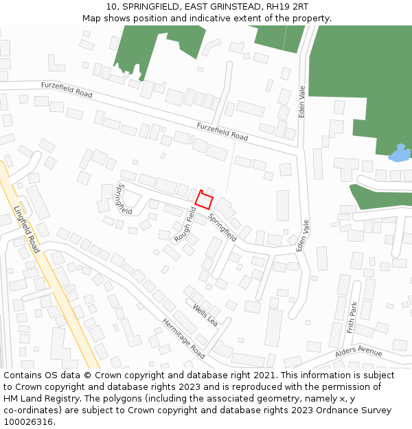10, SPRINGFIELD, EAST GRINSTEAD, RH19 2RT: Location map and indicative extent of plot