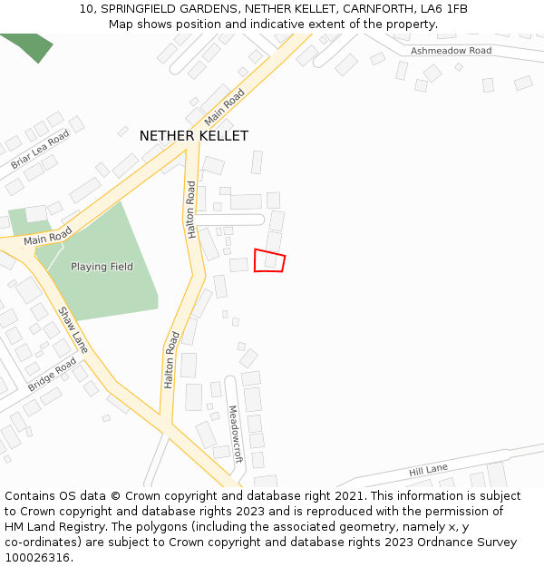10, SPRINGFIELD GARDENS, NETHER KELLET, CARNFORTH, LA6 1FB: Location map and indicative extent of plot