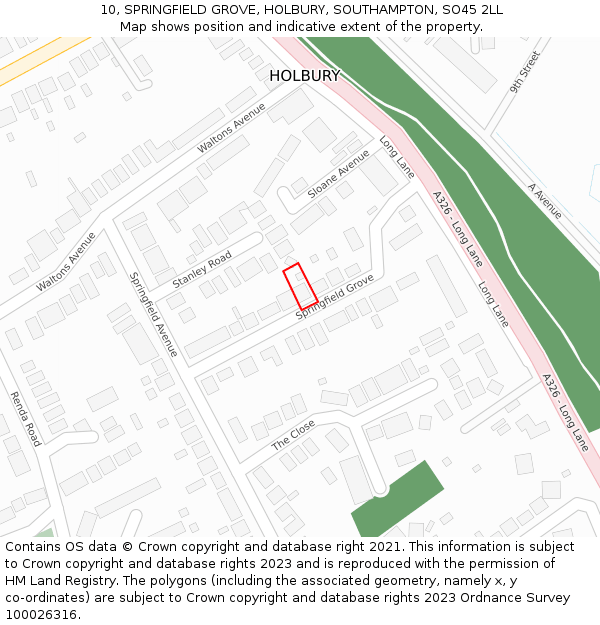 10, SPRINGFIELD GROVE, HOLBURY, SOUTHAMPTON, SO45 2LL: Location map and indicative extent of plot