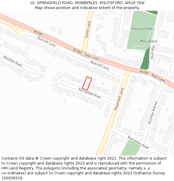 10, SPRINGFIELD ROAD, MOBBERLEY, KNUTSFORD, WA16 7EW: Location map and indicative extent of plot