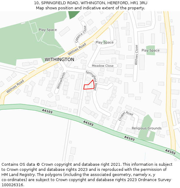 10, SPRINGFIELD ROAD, WITHINGTON, HEREFORD, HR1 3RU: Location map and indicative extent of plot